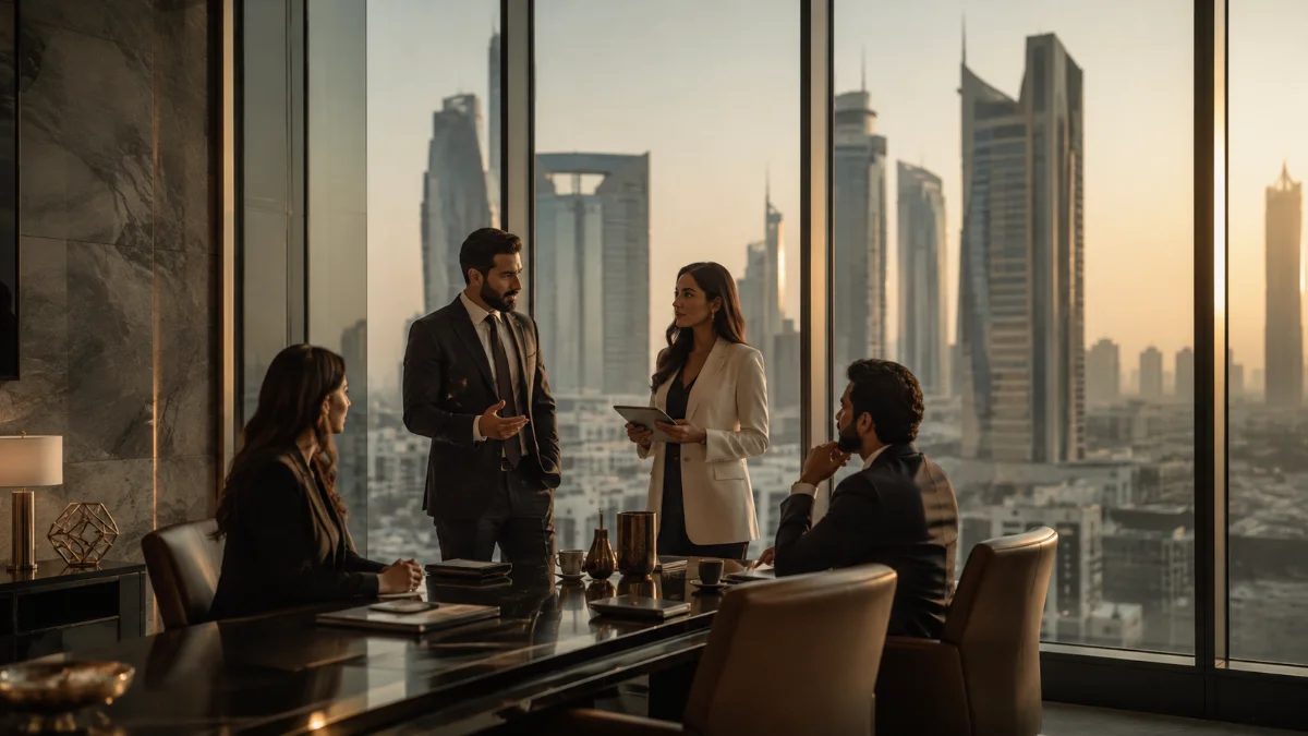 Business meeting overlooking a Gulf city skyline at sunset